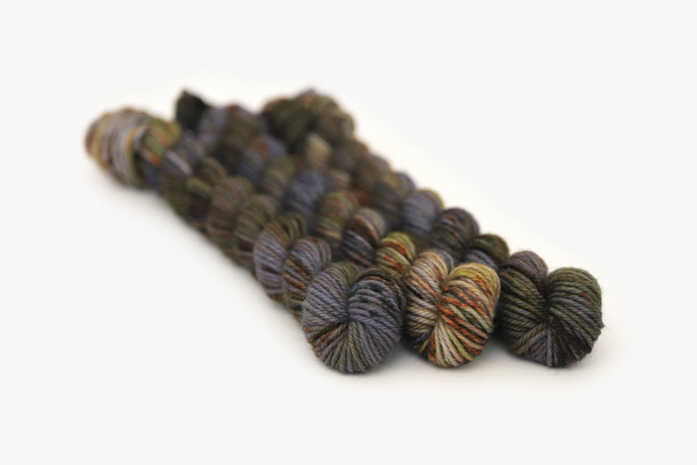 speckled hand dyed green olive dark gray brown dk mini yarn