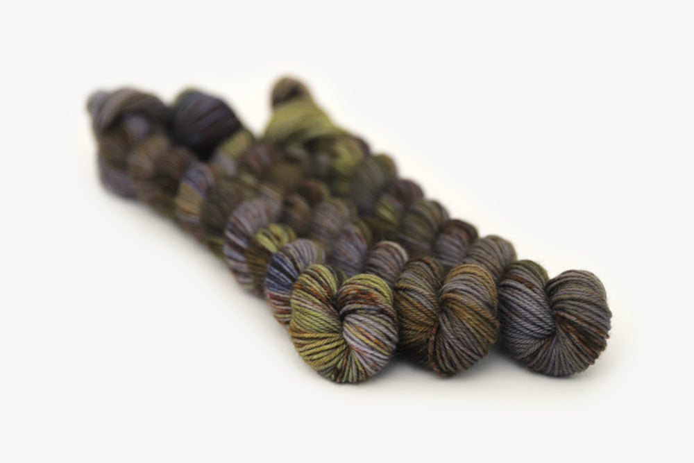 speckled hand dyed green olive dark gray brown phyllis sock mini yarn
