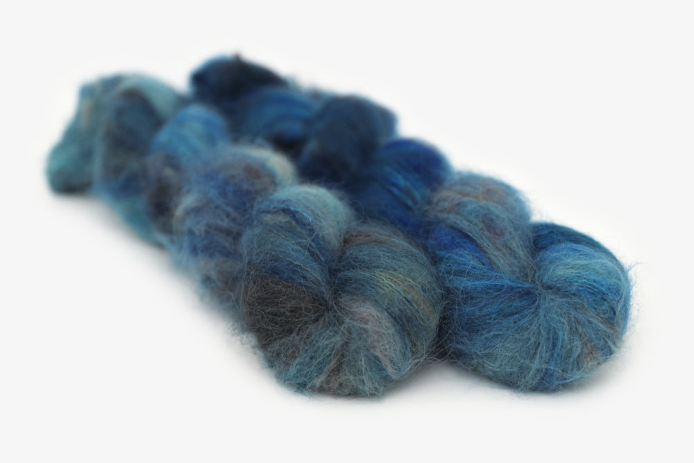 speckled hand dyed dark blue gray alpaca suri lace yarn