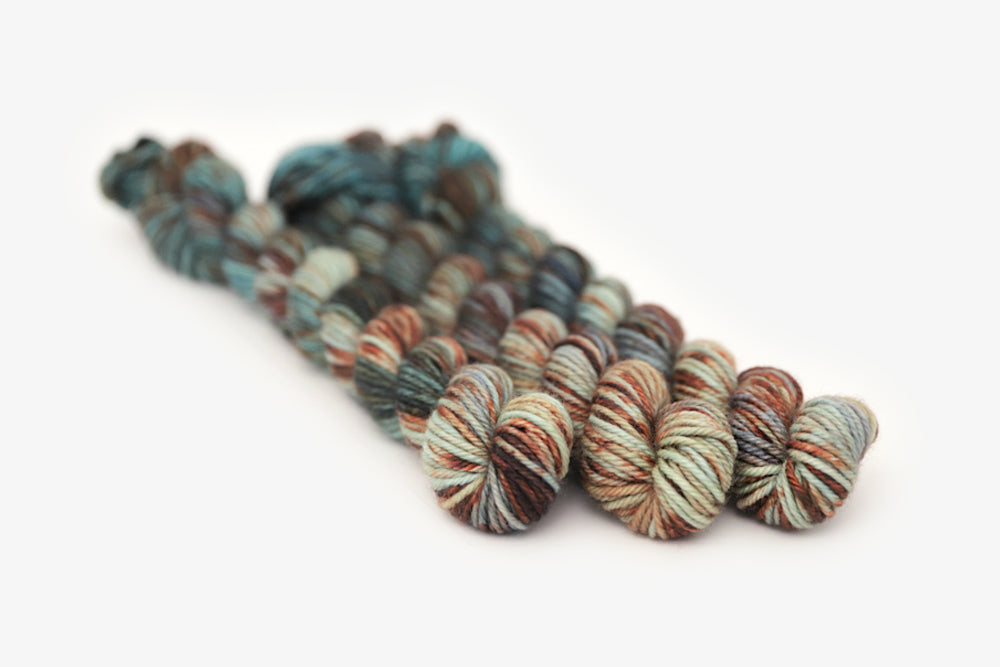 speckled hand dyed blue rust orange sage dk mini yarn