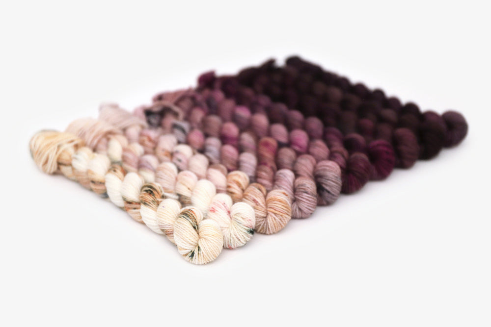 speckled hand dyed white pink dark mauve maroon brown yarn mini set