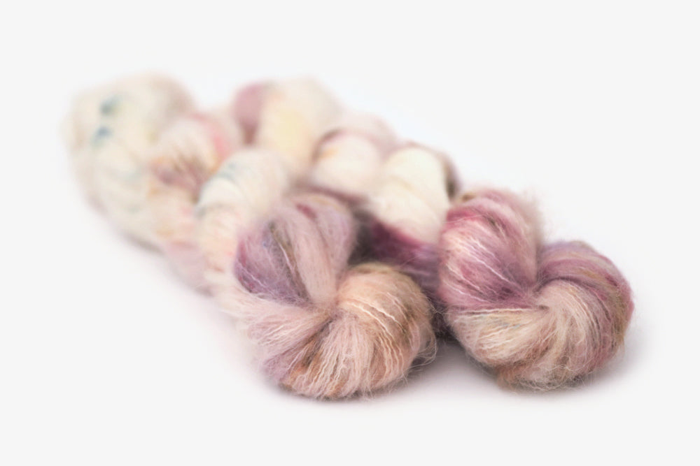 speckled hand dyed white pink mauve maroon suri alpaca lace yarn
