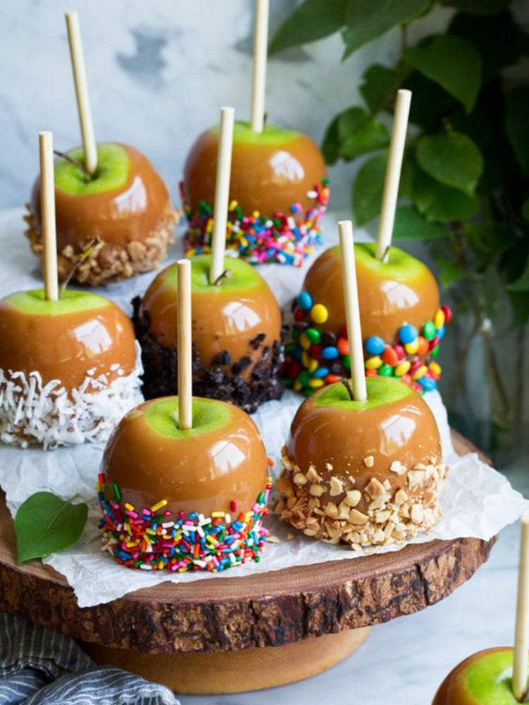 caramel apples on a platter