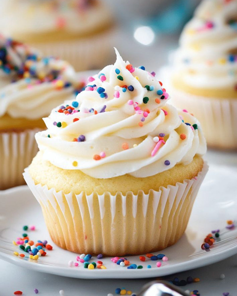 vanilla cupcakes with frosting and sprinkles