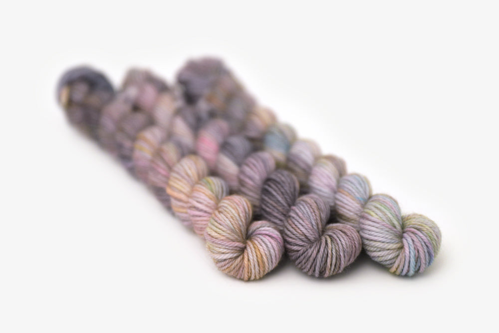 tonal hand dyed gray plum peach green blue dk mini yarn