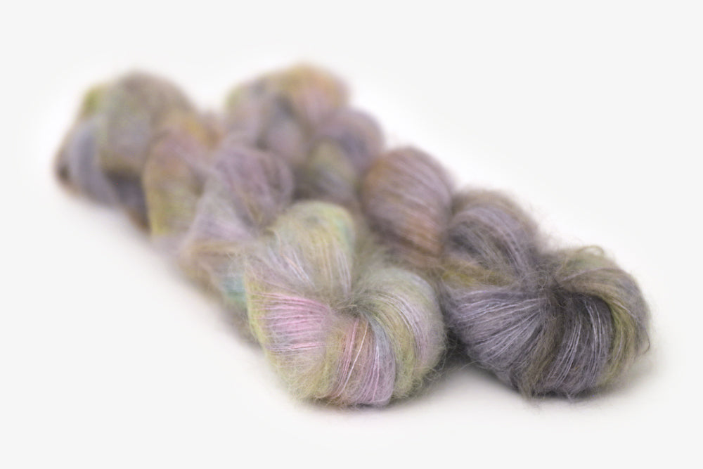 tonal hand dyed gray plum peach green blue mohair lace yarn