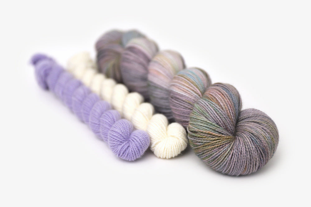 tonal hand dyed gray plum peach green blue merino sock set yarn