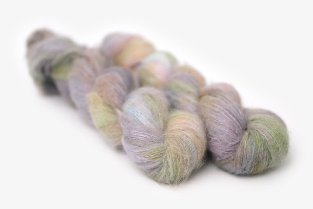 tonal hand dyed gray plum peach green blue alpaca suri lace yarn