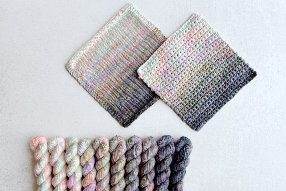 tonal hand dyed white pink gray plum peach green blue yarn mini set swatches