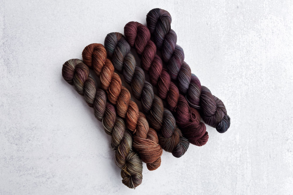 tonal hand dyed orange red gray brown yarn 50s set