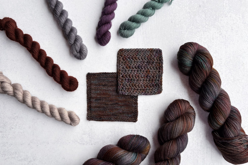 tonal hand dyed orange red gray brown yarn swatches