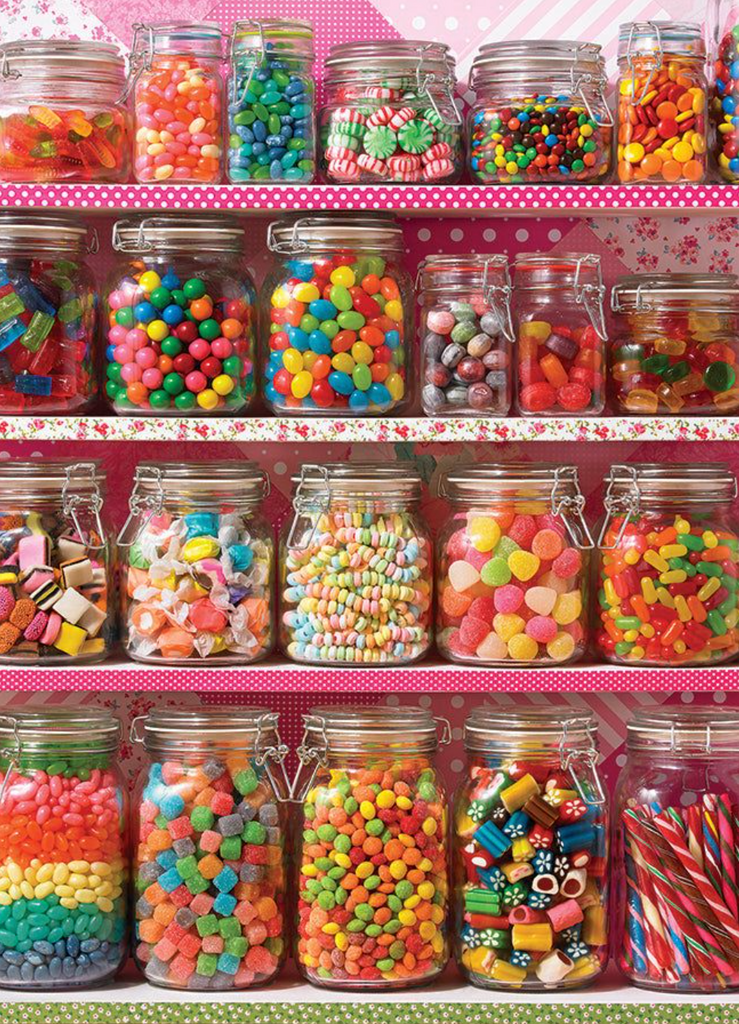 many jars full of vibrant candy on shelves
