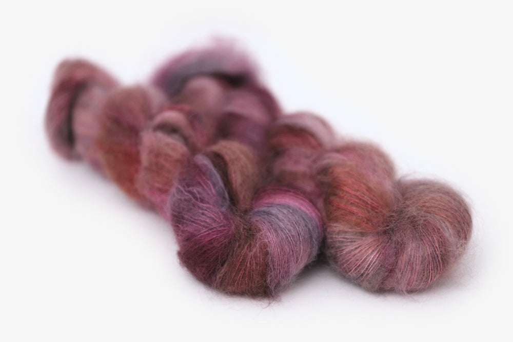 speckled hand dyed white pink dark mauve maroon mohair yarn