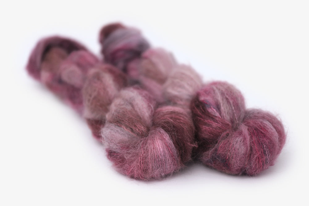 speckled hand dyed white pink dark mauve maroon alpaca suri lace yarn
