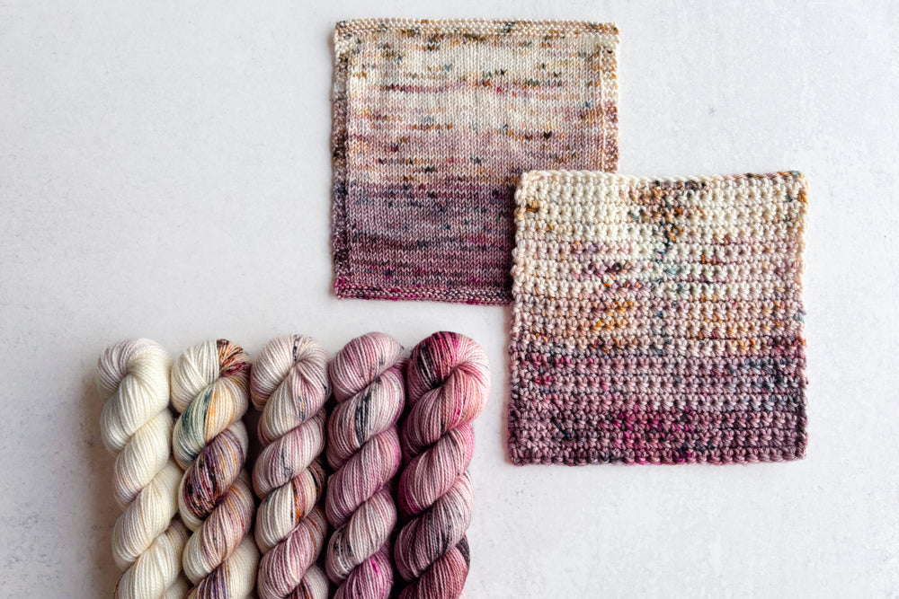 speckled hand dyed white pink mauve yarn 50s set with knit and crochet fade swatches
