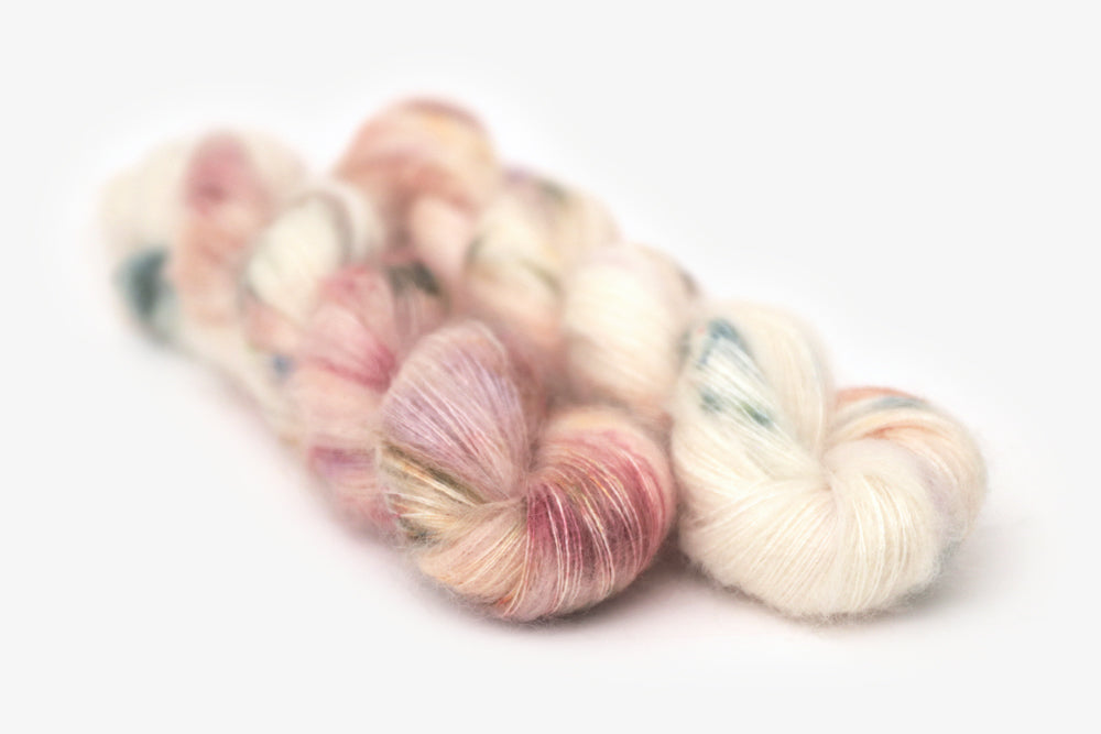 speckled hand dyed white pink mauve mohair lace yarn
