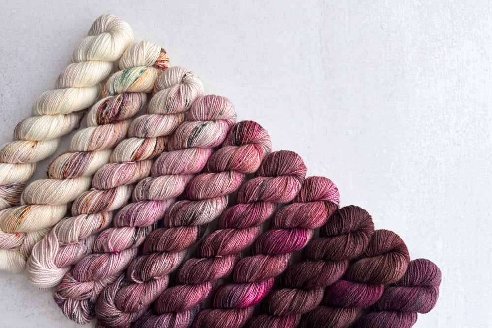speckled hand dyed white pink dark mauve maroon brown yarn 50 set