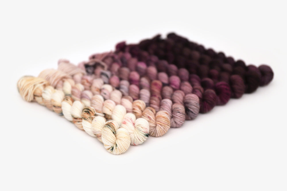 speckled hand dyed white pink dark mauve maroon brown yarn mini set