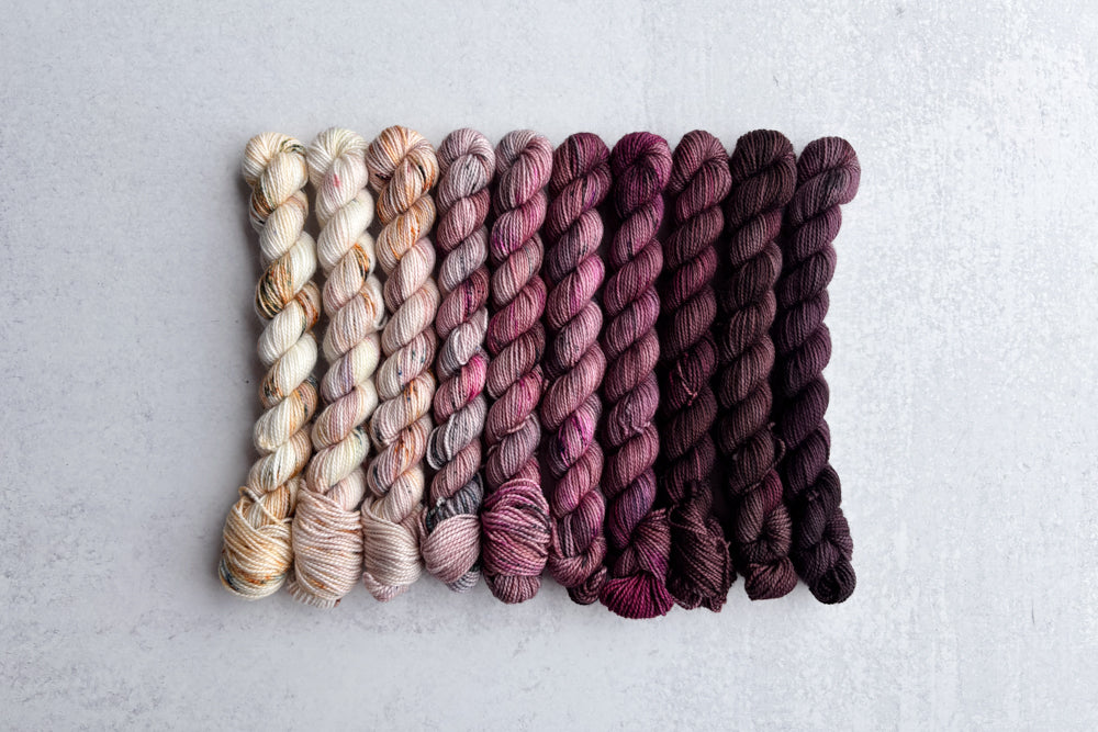 speckled hand dyed white pink dark mauve maroon brown yarn mini set