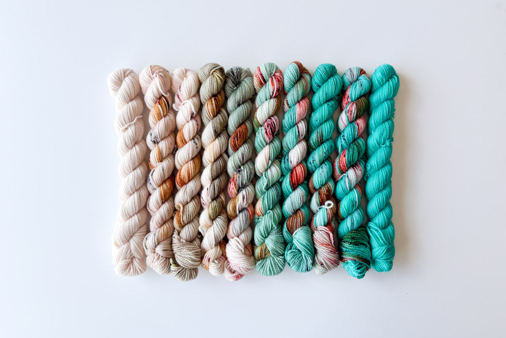 speckled semisolid hand dyed tan teal aqua red yarn set