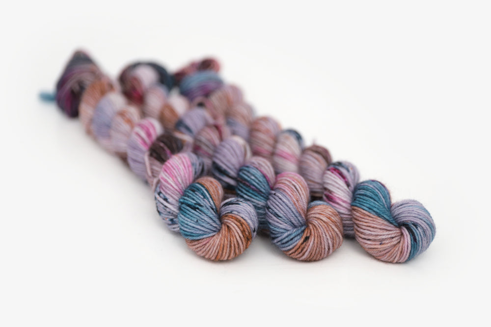 speckled hand dyed lilac teal magenta brown phyllis sock mini yarn