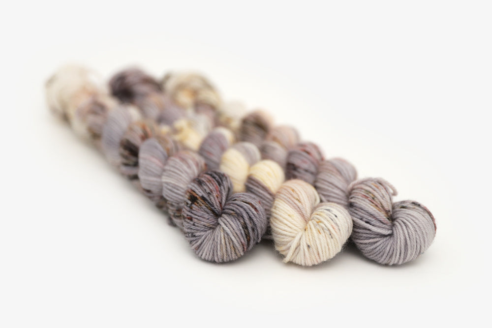 speckled hand dyed warm white gray brown maroon phyllis sock mini yarn