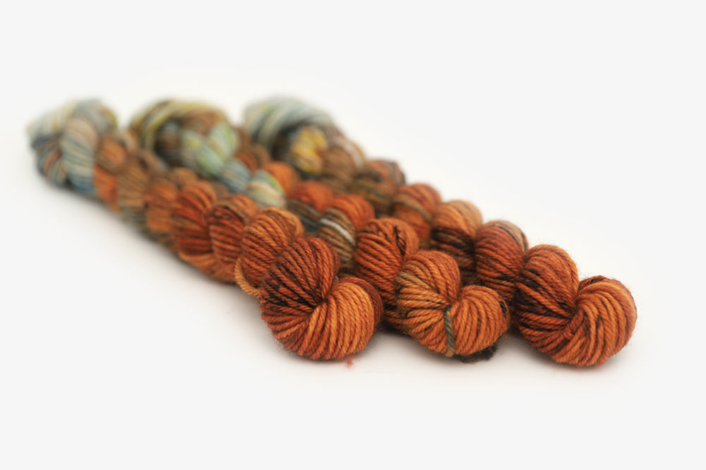 speckled hand dyed burnt orange teal green dk mini yarn